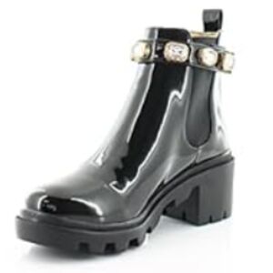 Steve Madden Black Patent Chunky Lug Chelsea Boots Removable Rhinestone Strap